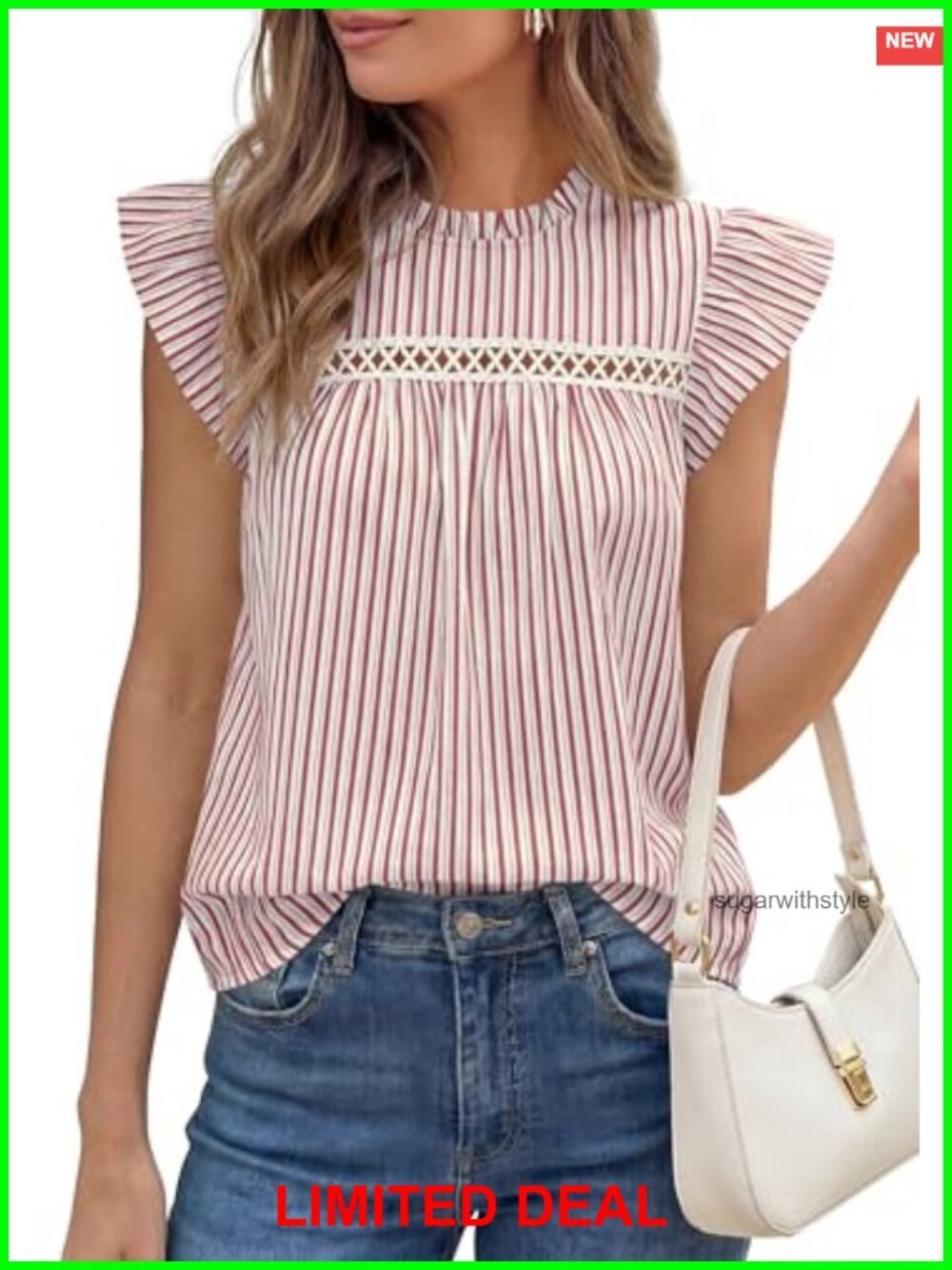 Striped Ruffle Sleeve Blouse with Crochet Lace Trim Summer Work Top